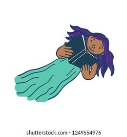 Young african girl reading a book lying down, relaxing. Cute cartoon drawing, isolated on white background.
