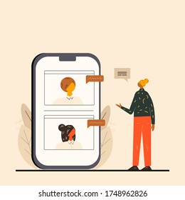 Young African girl standing with phone and chatting with coworkers. Online conference and chatting concept. Working together. Vector flat illustration in colorful modern style eps 10.