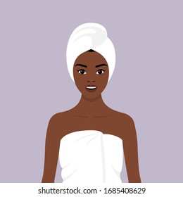 A young African girl wrapped in a white towel, with a towel on her head. Vector stock flat illustration