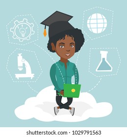 Young african graduate sitting on the cloud with a laptop. Graduate using cloud computing technologies. Educational technology and cloud computing concept. Vector cartoon illustration. Square layout