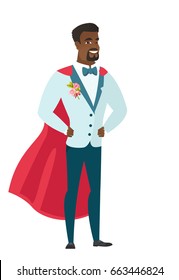 Young african groom wearing a red superhero cloak. Full length of groom dressed as a superhero. Successful groom superhero in red cloak. Vector flat design illustration isolated on white background.