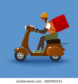 Young african guy in protective face mask with box for food delivery rides a scooter, brown vintage scooter isolated on blue background, online delivery service and stay home concept, vector