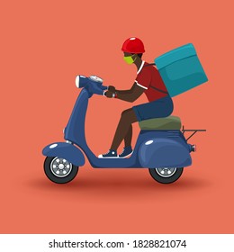 Young african guy in protective face mask with box for food delivery rides a scooter, blue vintage scooter isolated on orange background, online delivery service and stay home concept, vector