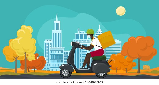 Young african guy in protective face mask with box for food delivery rides a scooter on an autumn background of trees with yellow leaves and cities,online delivery service and stay home concept,vector