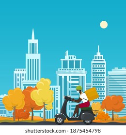 Young african guy in protective face mask with box for food delivery rides a scooter on an autumn background of trees with yellow leaves and cities,online delivery service and stay home concept,vector