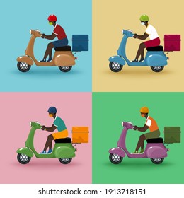 Young african guy in protective face mask with thermal bag for food delivery rides a scooter, set of vintage scooters isolated on colorful background , online delivery service and stay home concept
