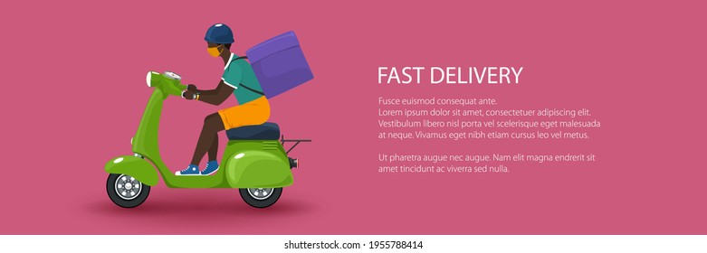 Young african guy in protective face mask with box for food delivery rides a scooter, green vintage scooter isolated on pink background, banner of online delivery service and stay home concept, vector