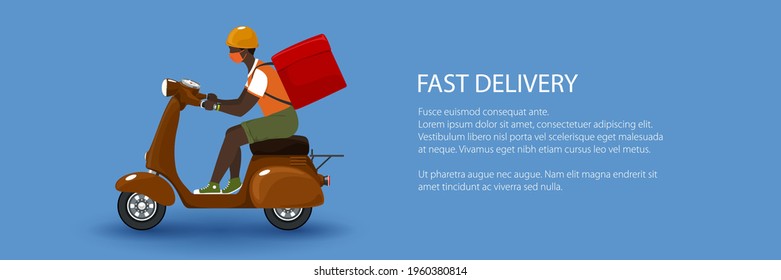 Joven africano con máscara protectora facial con caja para entrega de comida monta una motocicleta, scooter marrón vintage aislado en fondo azul, banner del servicio de entrega en línea y el concepto de quedarse en casa, vector