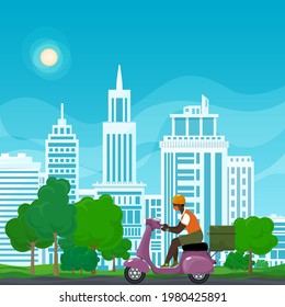 Young african guy in protective face mask with thermal bag for food delivery rides a purple scooter on a summer background of green trees and cities, online delivery service and stay home concept