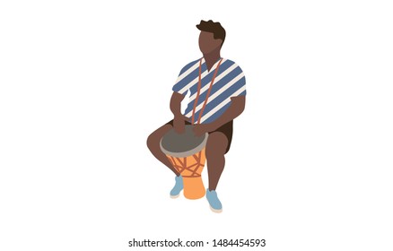 Young African male playing djembe. Isolated flat illustration - Vector