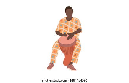 Young African male playing djembe. Isolated flat illustration - Vector