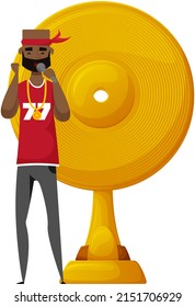 Young African Male Singer Holding Microphone, Cartoon Vector Character Singing Song Or Talking To Music. Full Height Portrait Of Black Man In Bandana Cap, Rap, Hip-hop Singer, Modern Popular Artist