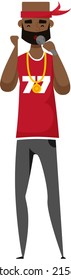 Young African male singer holding microphone, cartoon vector character singing song or talking to music. Full height portrait of black man in bandana cap, rap, hip-hop singer, modern popular artist
