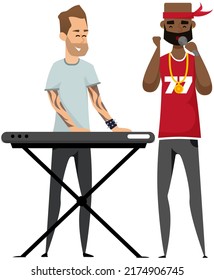 Young African male singer holding microphone singing song, cartoon caucasian man playing piano isolated on white background. Full height portrait of black man vocalist and pianist, rap, hip-hop singer