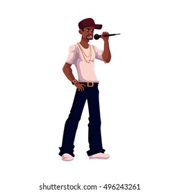 Young African male singer holding a microphone, cartoon vector illustration isolated on white background. Full height portrait of black man in baseball cap, rap, hip-hop singer