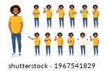Young african man in casual clothes standing with different gestures set isolated vector illustration