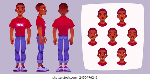 Young african man character constructor with standing person front, side and back view and head with different face emotions. Cartoon vector illustration set of guy avatar animation generator kit.