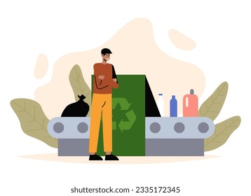Joven africano controlando el proceso de clasificación de basura. El concepto de medio ambiente verde. Reciclaje de diversos productos. Ilustración vectorial colorida en diseño plano en colores verdes