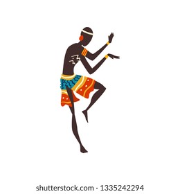 Young African Man Dancing, Aboriginal Dancer in Bright Ornamented Ethnic Clothing Vector Illustration