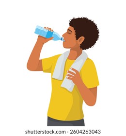 Young African man drinking water from bottle after exercising workout