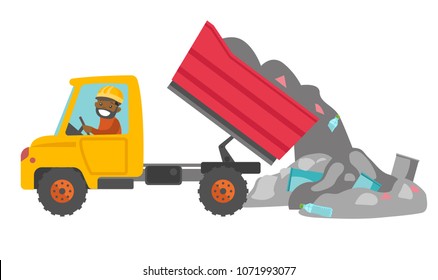 Young african man driving a garbage truck and unloading waste on a rubbish dump. Worker dumping the rubbish on a landfill. Vector cartoon illustration isolated on white background. Horizontal layout.