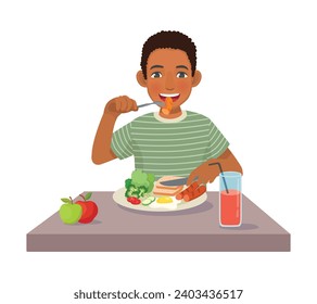 Young African man eating sausage eggs and vegetables for breakfast