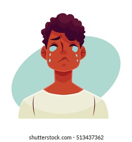 Young african man face, crying facial expression, cartoon vector illustrations isolated on blue background. Handsome boy emoji crying, shedding tears, sad, heart broken, in grief.