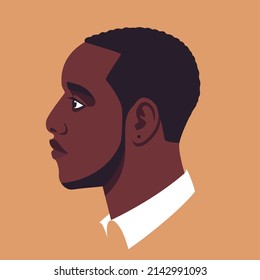 Young african man face side view. Portrait of serious student. Avatar of guy for social networks. Abstract male portrait in profile. Stock vector isolated illustration in flat style.