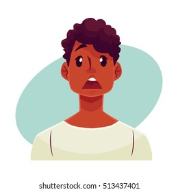 Young african man face, surprised facial expression, cartoon vector illustrations isolated on blue background. Handsome boy emoji surprised, shocked, amazed, astonished. Surprised face expression