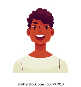 Young african man face, wow facial expression, cartoon vector illustrations isolated on white background. Handsome boy emoji surprised, amazed, astonished. Surprised, wow face expression