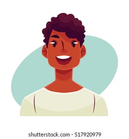 Young african man face, wow facial expression, cartoon vector illustrations isolated on blue background. Handsome boy emoji surprised, amazed, astonished. Surprised, wow face expression