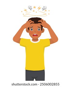 young African man feeling stressed frustrated squeezing his head with hands suffer from headache, migraine, tension, and emotional problems because of overworked