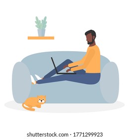 Young african man freelancer working on laptop at home in quarantine. Work at home, coworking space. Boy sitting on sofa and earning money online. Vector flat illustration isolated.