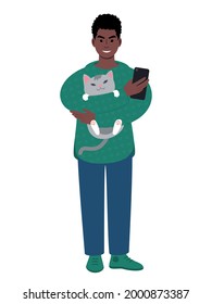 Young african man holding up a cute cat and a smartphone. Pets and mobile devices. Flat style vector illustration.