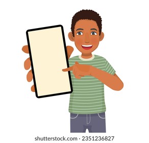 Young African man holding pointing finger showing smart phone with blank screen