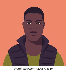 Joven africano. Retrato de estudiante serio. Avatar del tipo de las redes sociales. Retrato masculino abstracto, cara completa. Ilustración aislada del vector de material en estilo plano.