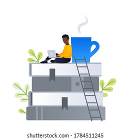 Joven africano leyendo libro en laptop. Gran cantidad de libros y de niños pequeños, concepto de vector de estudio, aprendizaje, conocimiento y educación en línea