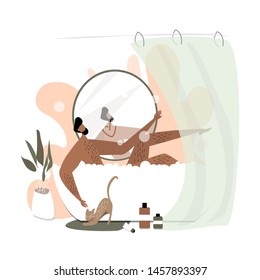 Young african man Relaxing in Bath with Bubbles in Spa Hotel or at Home. Happy male Character Hygiene and Beauty Procedure. Man Washing Body Sitting in Foamy Bath Tube. Cartoon Flat Vector Illustratio