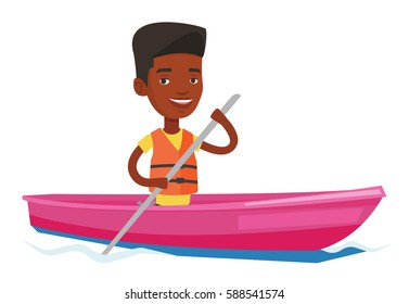 Young african man riding in a kayak in the river. Man with skull in hands traveling by kayak. Young kayaker paddling. Man paddling a canoe. Vector flat design illustration isolated on white background