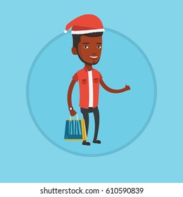 Young african man in santa hat holding shopping bags and giving thumb up. Man carrying shopping bags. Man buying christmas gifts. Vector flat design illustration in the circle isolated on background.