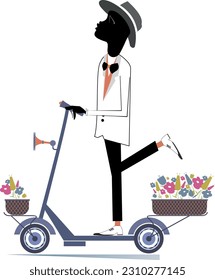 Young African man, scooter, bouquets of flowers. 
Smiling young African man in the hat rides a scooter and carries bouquets of flowers in the baskets. Isolated on white background
