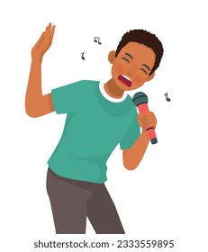Young African man singer singing song with microphone