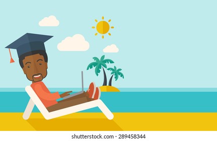 A young african man sitting, wearing graduation cap with laptop on the beach under the sun. A Contemporary style with pastel palette, soft blue tinted background with desaturated clouds. Vector flat