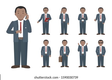 Young African man standing in different poses. Vector illustration.