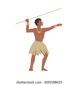 Young African man in traditional national clothes throwing spear cartoon vector illustration