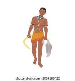 Young African man in traditional national clothes hunting with boomerang, cartoon vector illustration