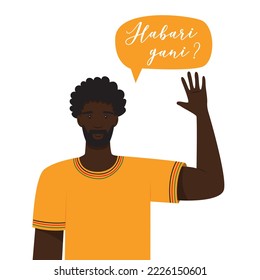 A young African man in a yellow t-shirt waves his hand. Habari gani in Swahili means What s new Traditional greeting during the Kwanzaa celebration. Flat vector illustration isolated on white