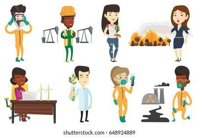 Young african oil worker in uniform and helmet. Oil worker standing with crossed arms. Man standing on the background of oil rig. Set of vector flat design illustrations isolated on white background.