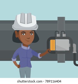 Young african operator of oil refinery plant checking the detector on the pipeline. Technician of oil refinery plant in hard hat maintaining the pipeline. Vector cartoon illustration. Square layout.