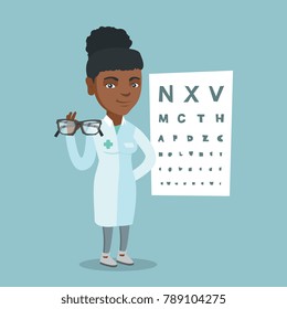 Young african ophthalmologist doctor giving glasses. Ophthalmologist holding eyeglasses on the background of eye chart. Ophthalmologist offering glasses. Vector cartoon illustration. Square layout.